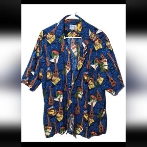 VTG Hawaii Brand Mens 3XL Cotton Hawaiian Shirt Blue Ukelele